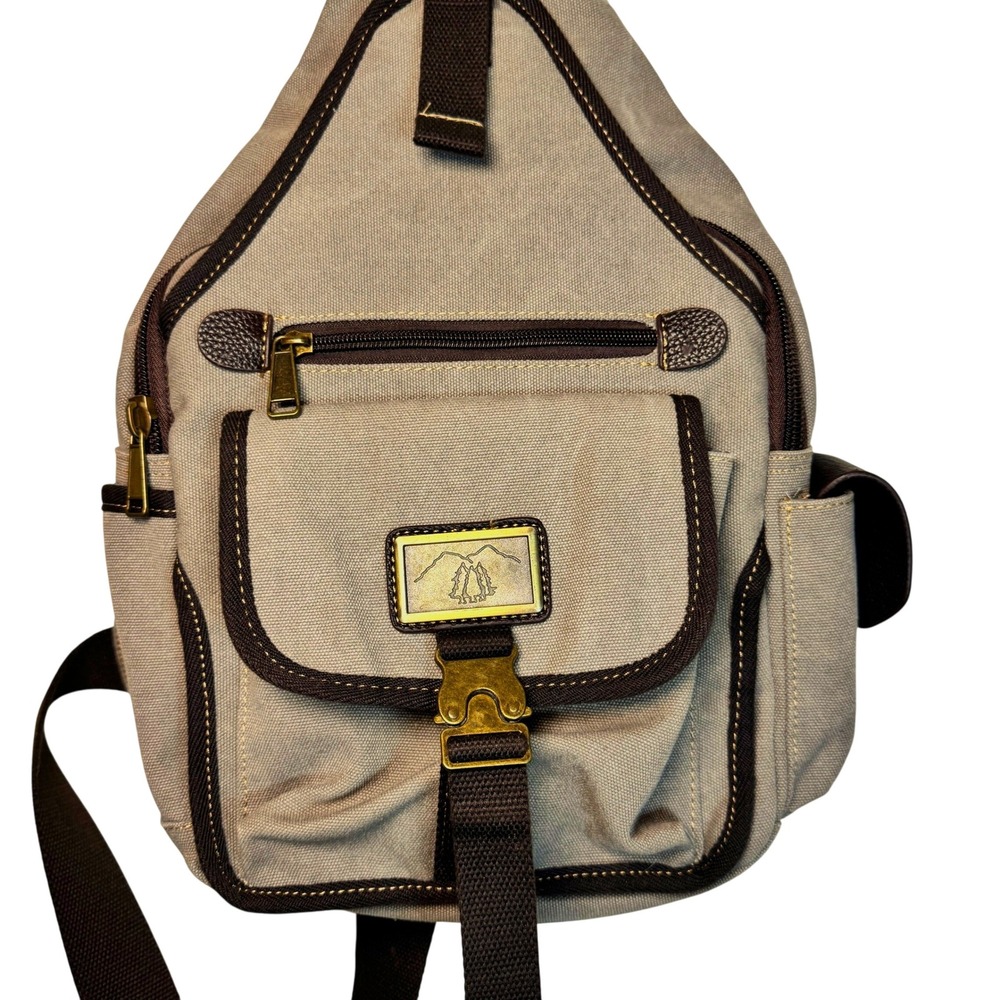 Sling Backpack Khaki Canvas Crossbody Hiking Bag